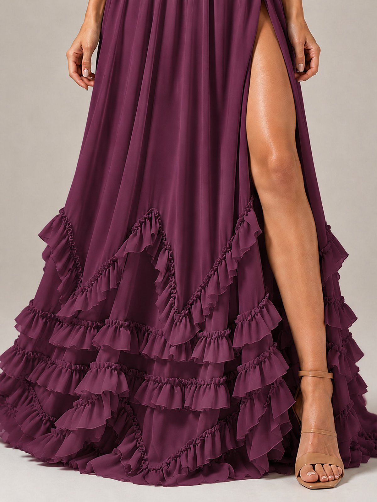 Halter V Neck Chiffon Formal Dress with Lace-Up Back and Ruffle Hem