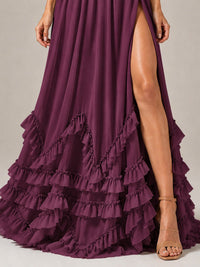 Halter V Neck Chiffon Formal Dress with Lace-Up Back and Ruffle Hem