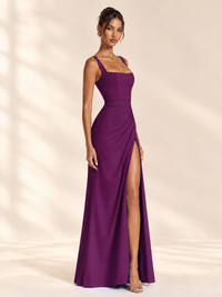 Square Neck Satin Sleeveless Ruched Prom Dress with High Slit