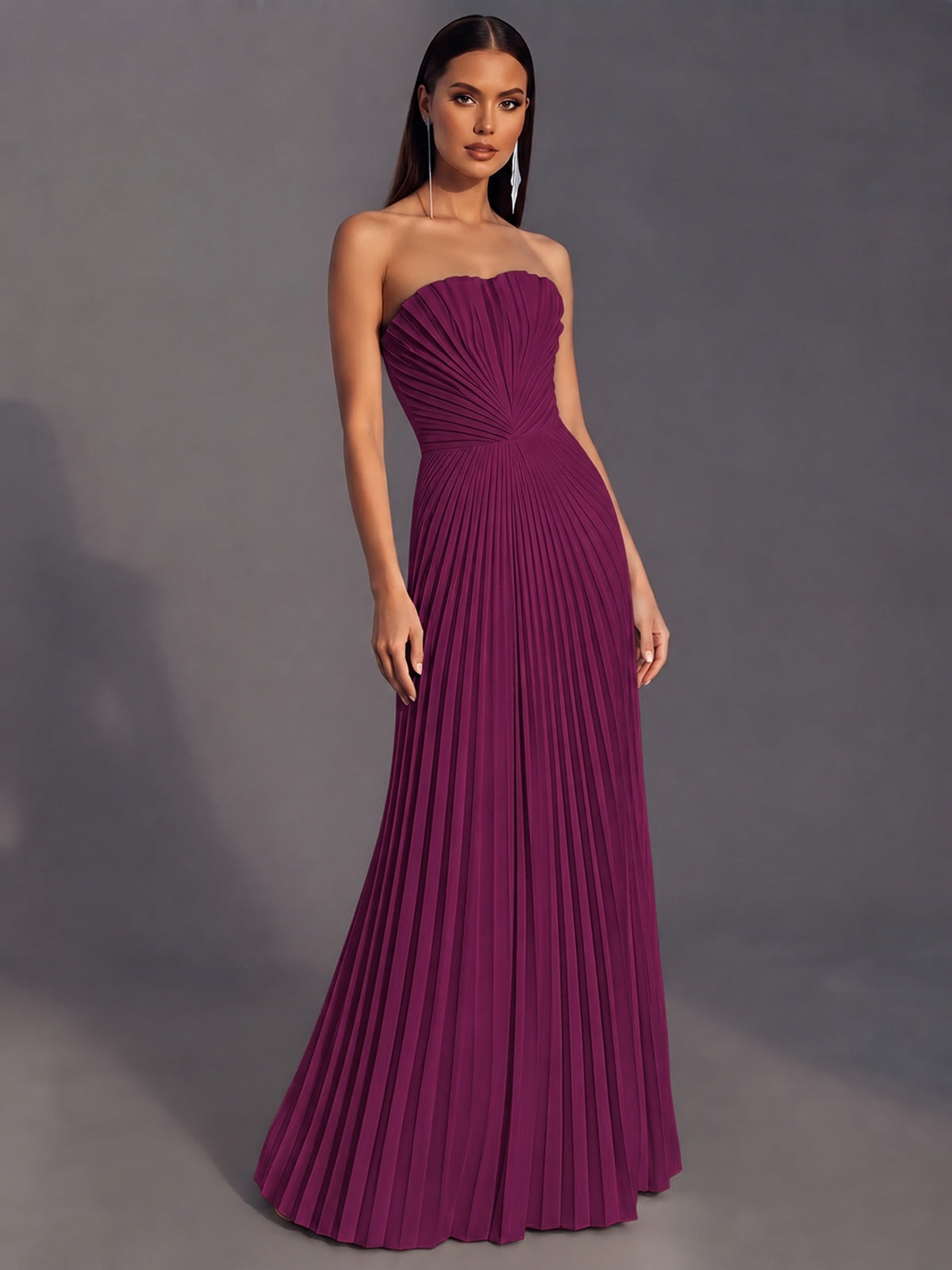 Strapless A-line Long Pleated Satin Prom Dress