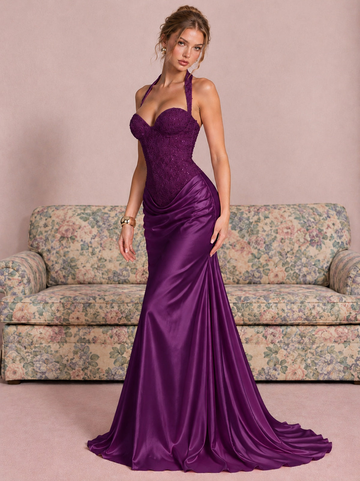 Sparkling Halter Corset Satin Mermaid Prom Dress