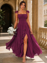 Ruffle Slit Chiffon A Line Scoop Neck Bridesmaid Dresses with Pockets