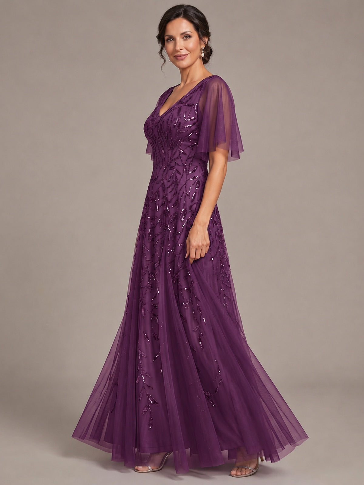 V-Neck Sequin Tulle Mother of the Bride Dress with Flutter Sleeve