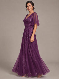 V-Neck Sequin Tulle Mother of the Bride Dress with Flutter Sleeve