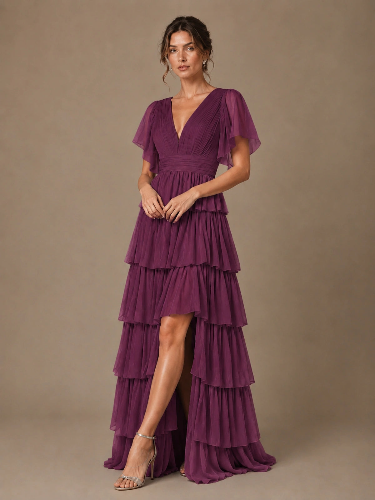 Chiffon V-Neck Tiered Ruffle Bridesmaid Dress with Slit