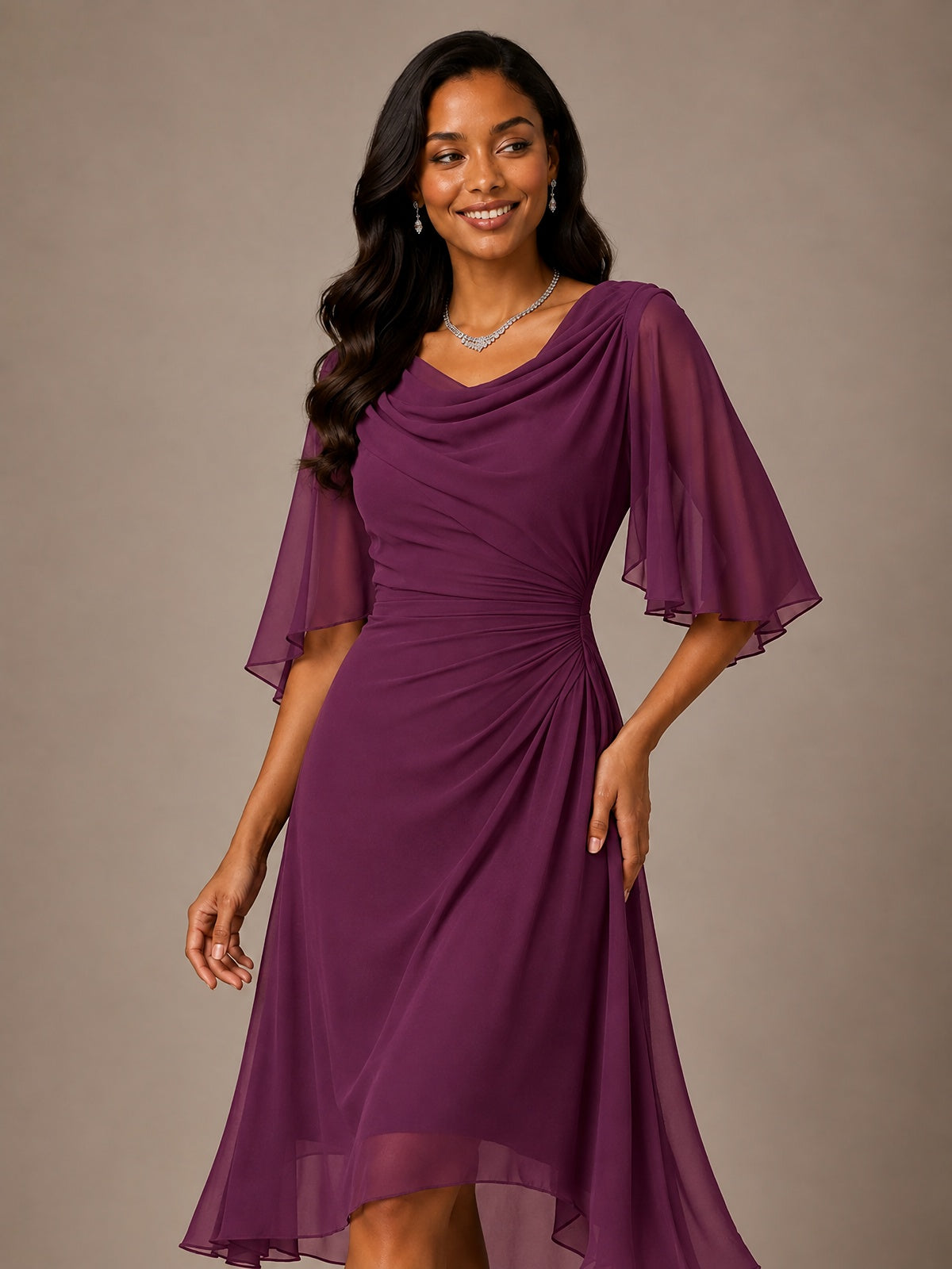 Cowl Neck Ruched Chiffon Mother of the Bride Dresses with Flutter Sleeves