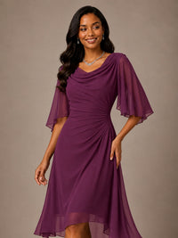 Cowl Neck Ruched Chiffon Mother of the Bride Dresses with Flutter Sleeves