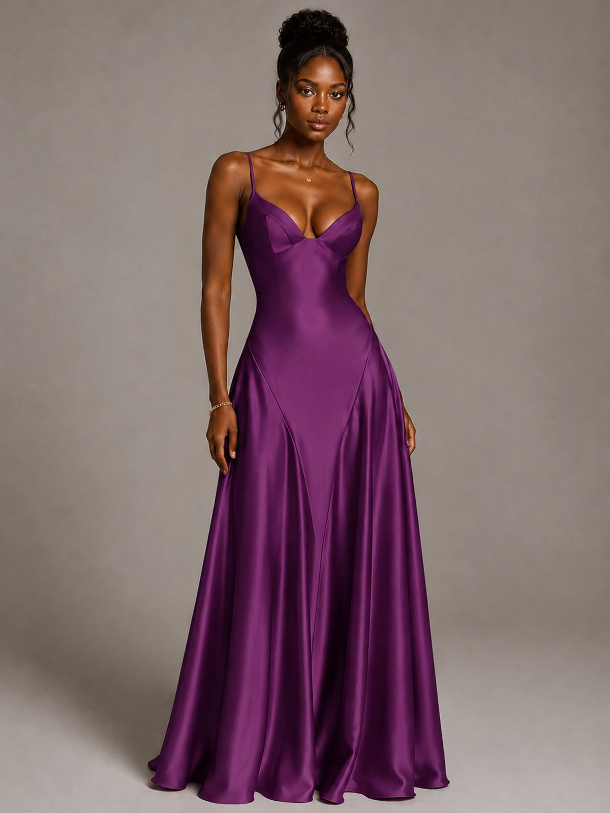 Lavender V Neck Satin Prom Dress with Spaghetti Straps
