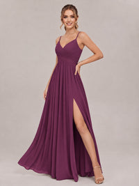 V-Neck Pleated Chiffon Long Bridesmaid Dress with Slit