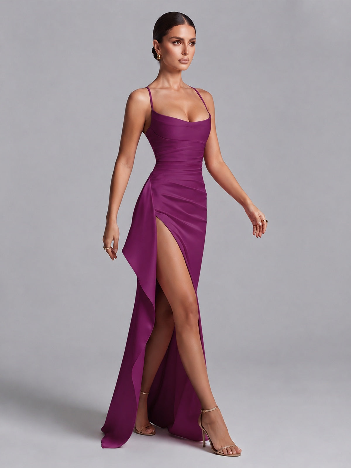Square Neck Satin Long Prom Dress with Ruffles