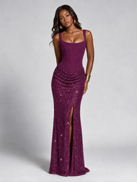 Sequin Corset Mermaid Prom Dress with Square Neck Wide Strap High Slit