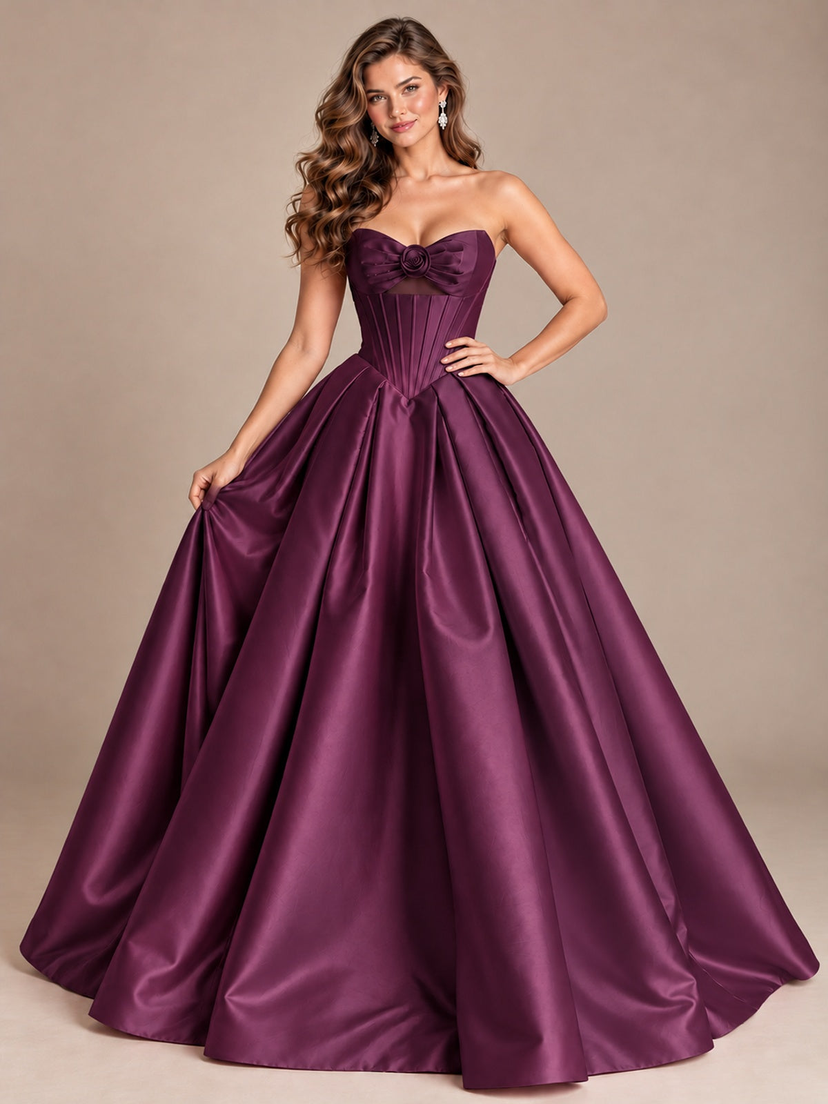 Pink Strapless Corset Satin Prom Derss & Ball Gown with 3D Floral