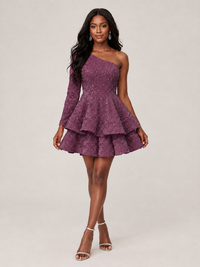 Puffy One Shoulder Sequin Tiered Mini Dress