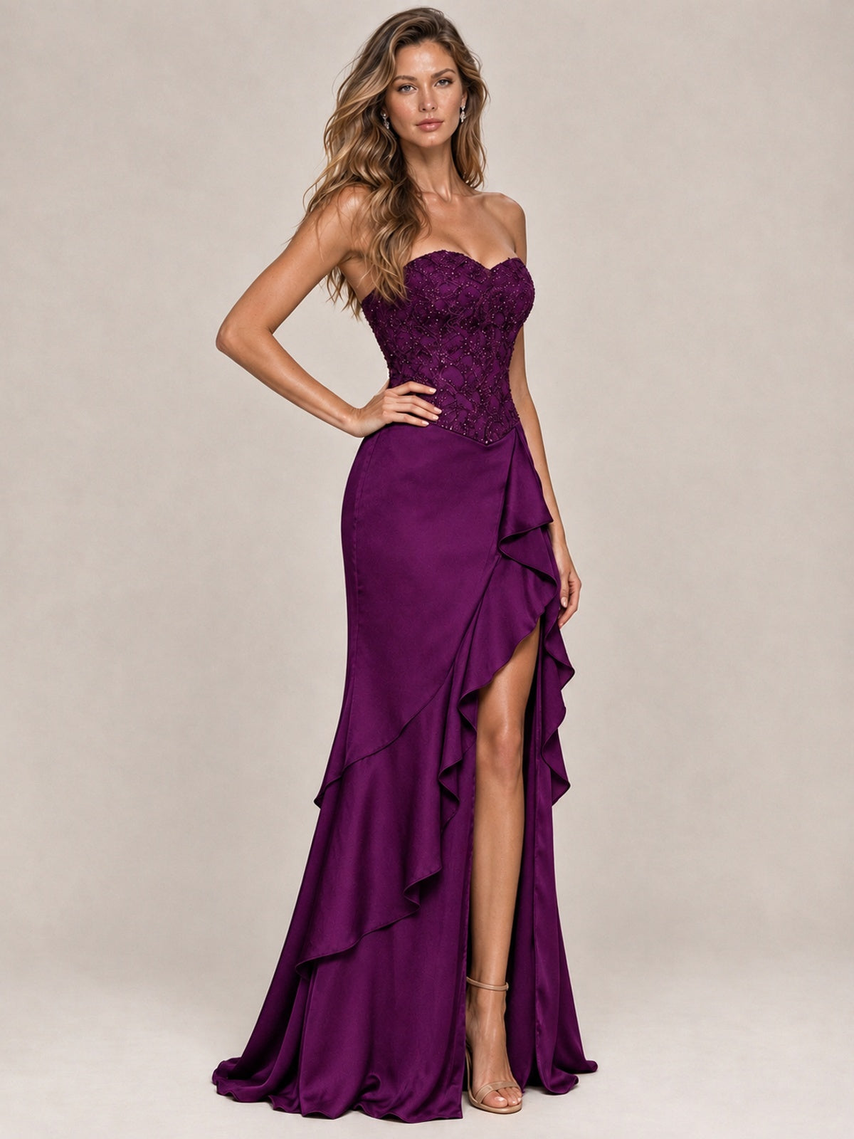 Strapless Lace Appliques Corset Satin Prom Dress Ruffle Slit Evening Gown
