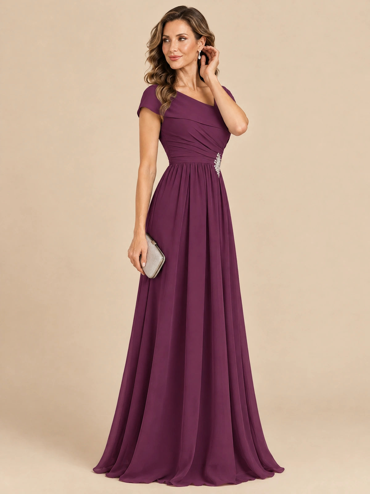 Cap Sleeve Mother of The Bride Dresses Long Chiffon Formal Gowns