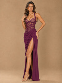 Sweetheart Halter Prom Dress Pleated Lace Floral Formal Dress with Slit