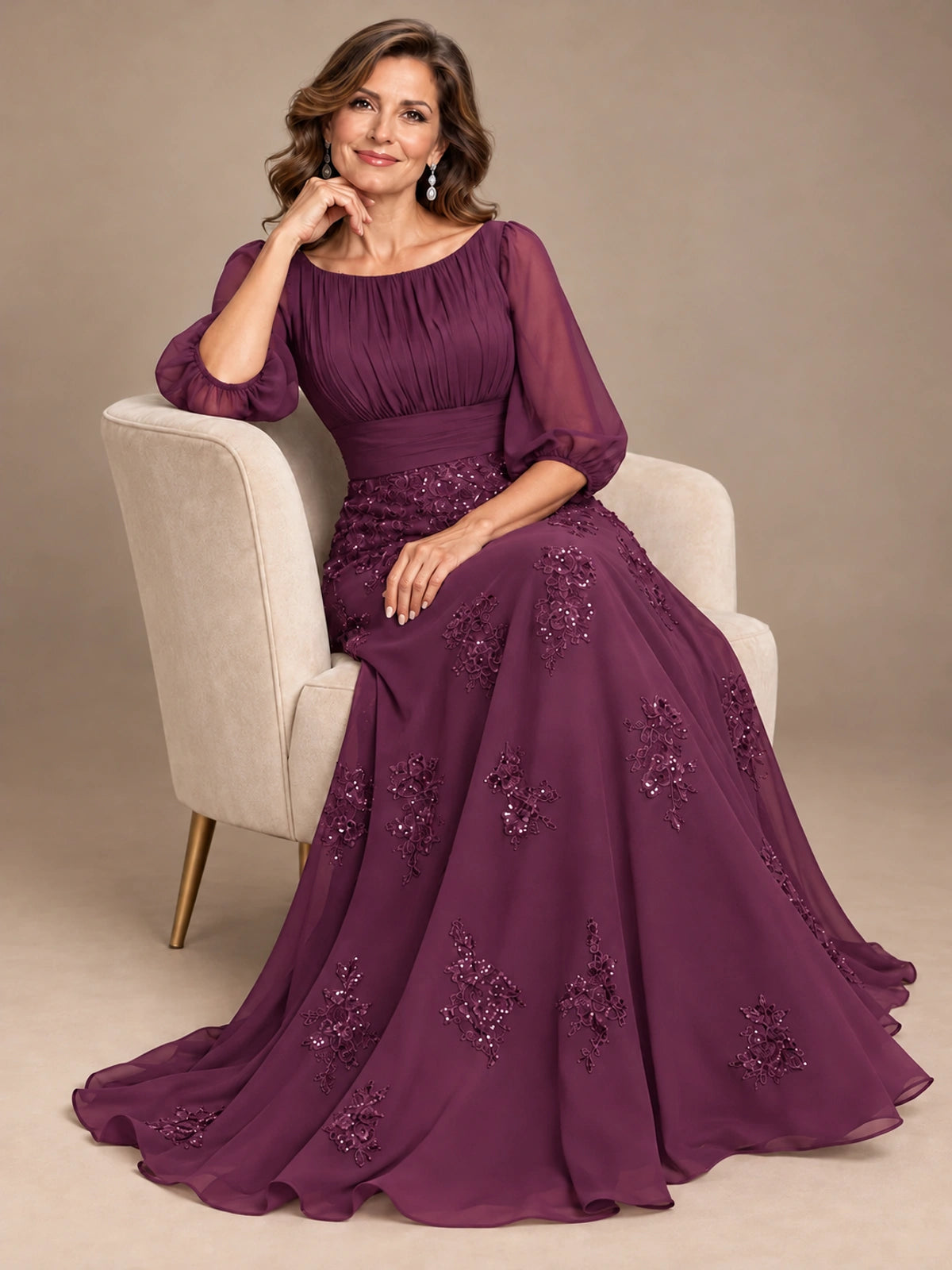 A-Line Mother of the Bride Dress with Sheer Puff Sleeves