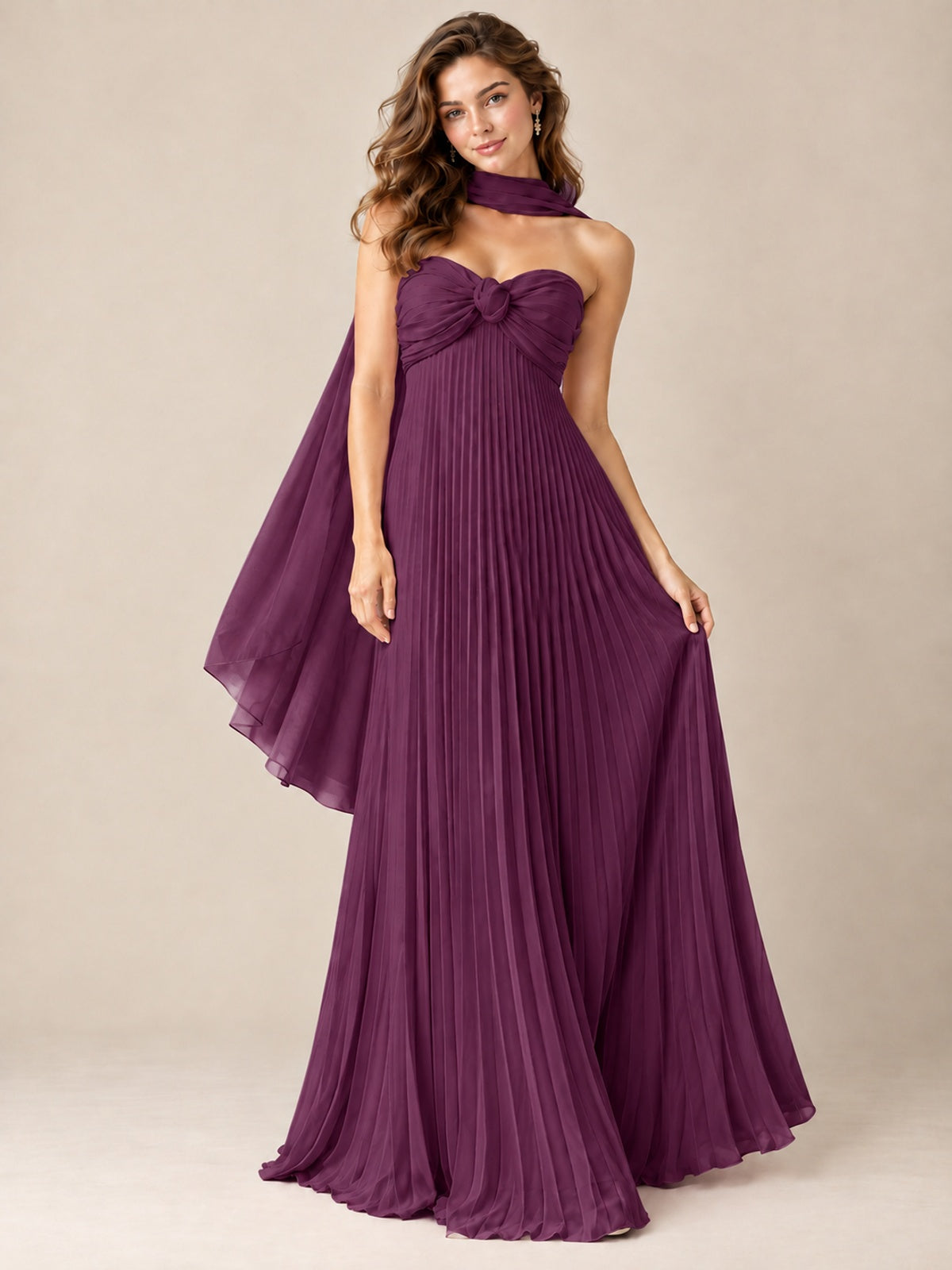 Sweetheart Neckline Pleated Prom Dress Strapless A-line Formal Dress with Flowy Scarf