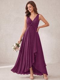 V-Neck High-Low Chiffon Bridesmaid Dress with Ruffles