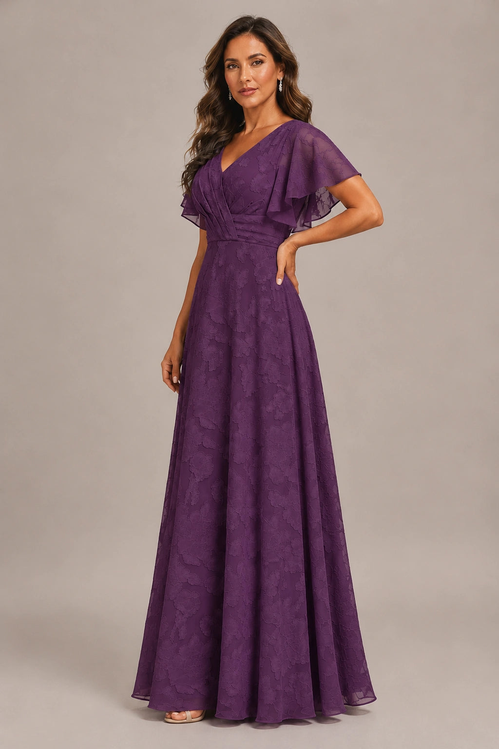 Jovellee Floral Chiffon A-Line Mother of the Bride Dress with Flutter Sleeves