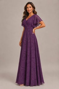 Jovellee Floral Chiffon A-Line Mother of the Bride Dress with Flutter Sleeves