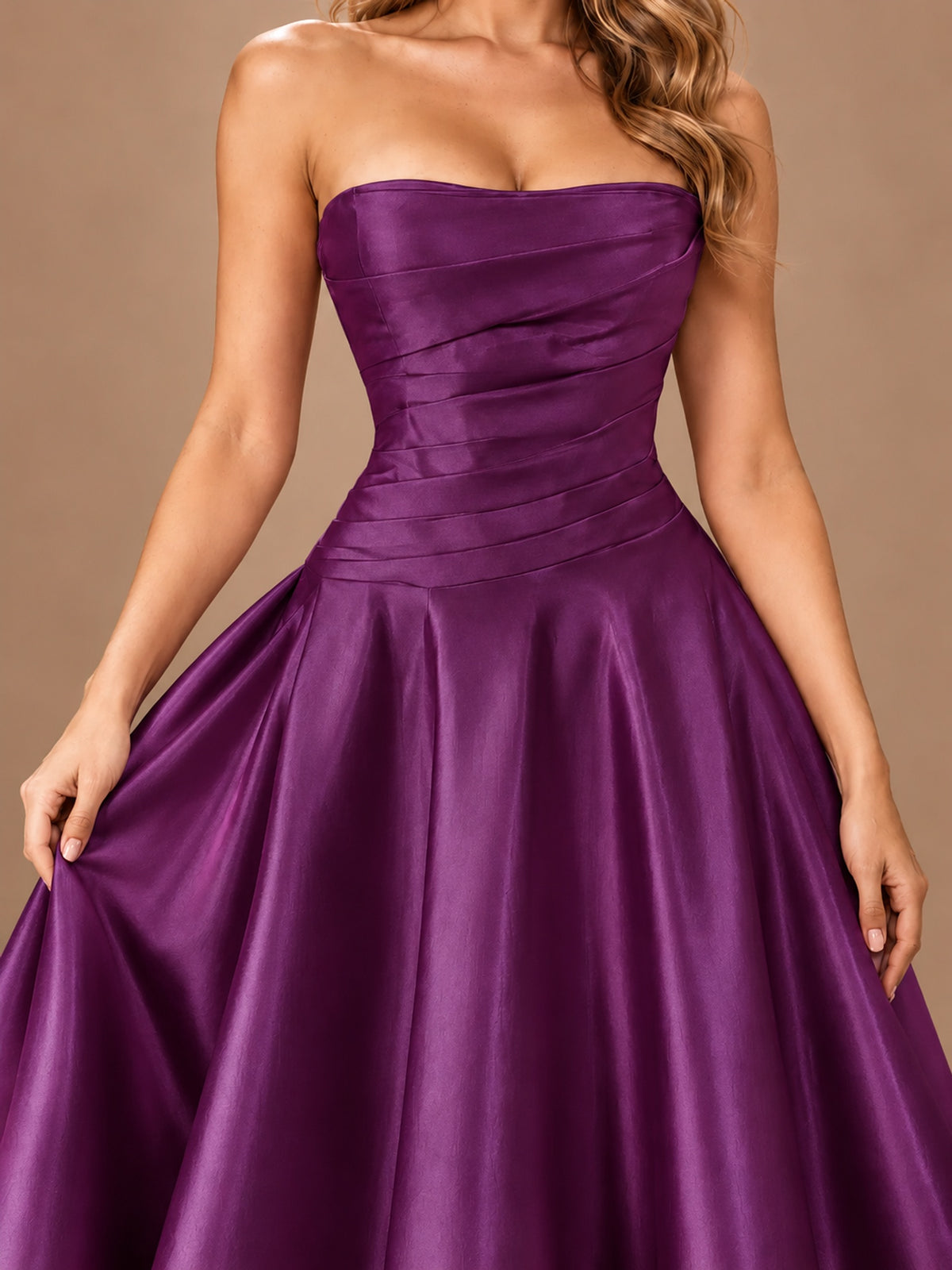 Blush Pink Strapless Satin A-Line Prom Dress with Ruched Bodice