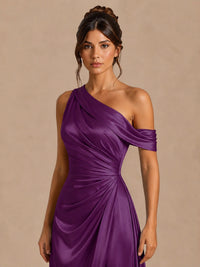Satin One Shoulder Prom Dress Ruched Long Formal Evening Gown