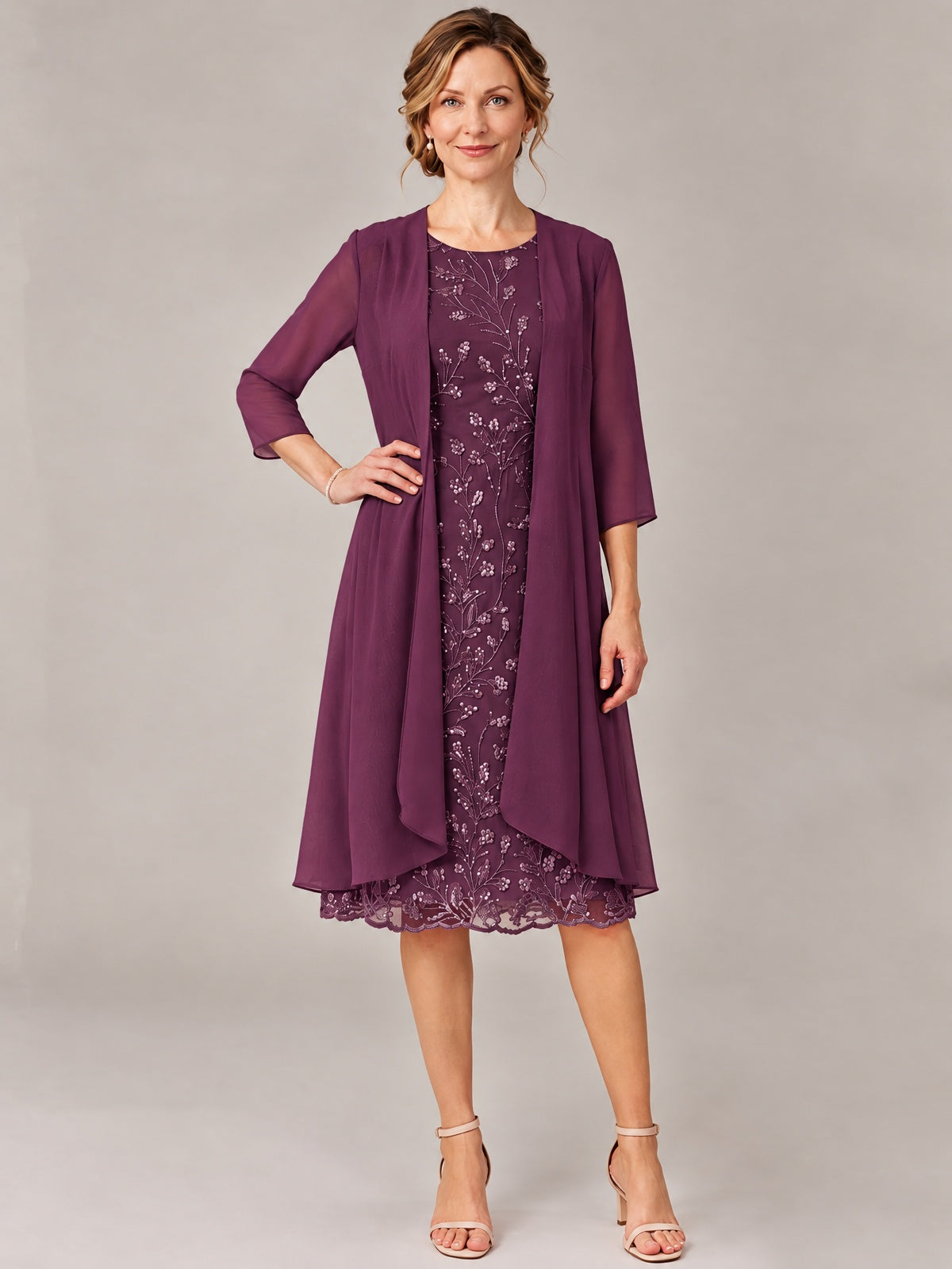 Tea Length Sequin Lace Mother of The Bride Dress with Chiffon Jacket