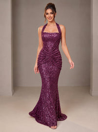 Gold Halter Sequin Mermaid Ruched Prom Dress Long Ruched Evening Gown