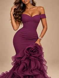 Dusty Blue Off-the-Shoulder Mermaid Prom Dress with 3D Rose & Ruffles