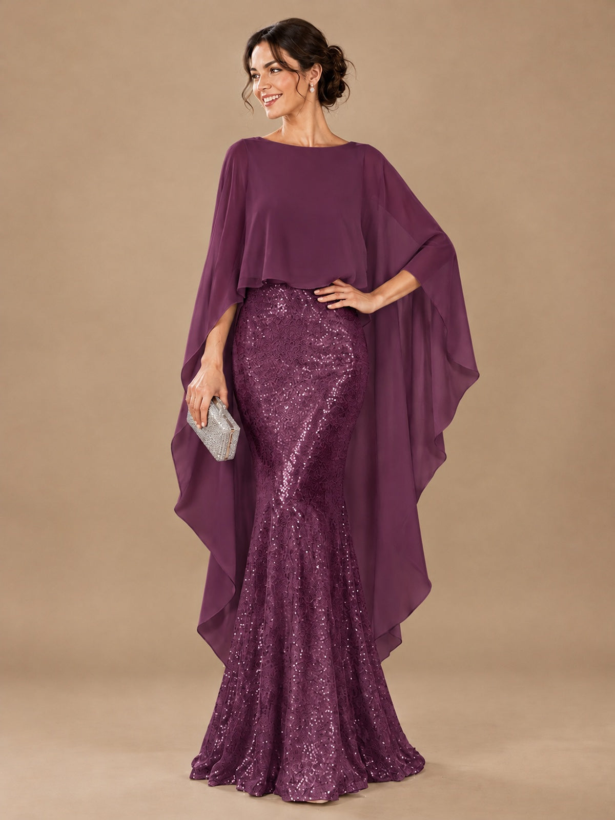 Sequin 2 Pieces Mother of the Bride Dress with Cap Sleeves Chiffon Formal Gowns
