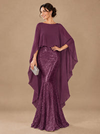 Sequin 2 Pieces Mother of the Bride Dress with Cap Sleeves Chiffon Formal Gowns