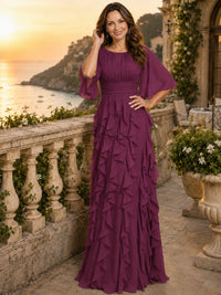 Elegant Chiffon Mother of the Bride Dress with Flutter Sleeves and Ruffle Skirt