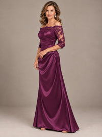 Satin Mother of the Bride Dress with Lace Sleeves Off Shoulder Formal Gown
