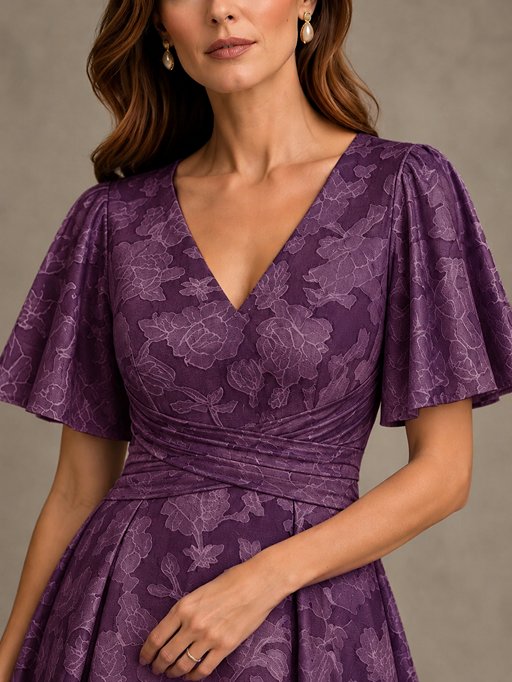 V-Neck Floral Jacquard Tea-Length Mother of the Bride Dress