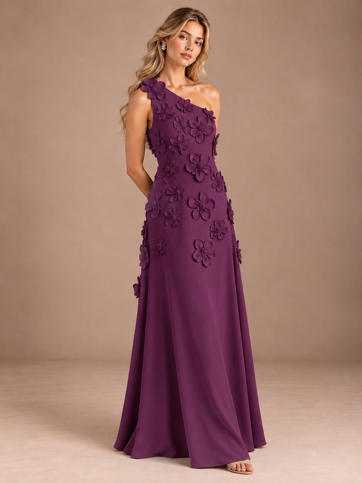 Sage Green One Shoulder Satin Formal Maxi Dress with 3D Floral