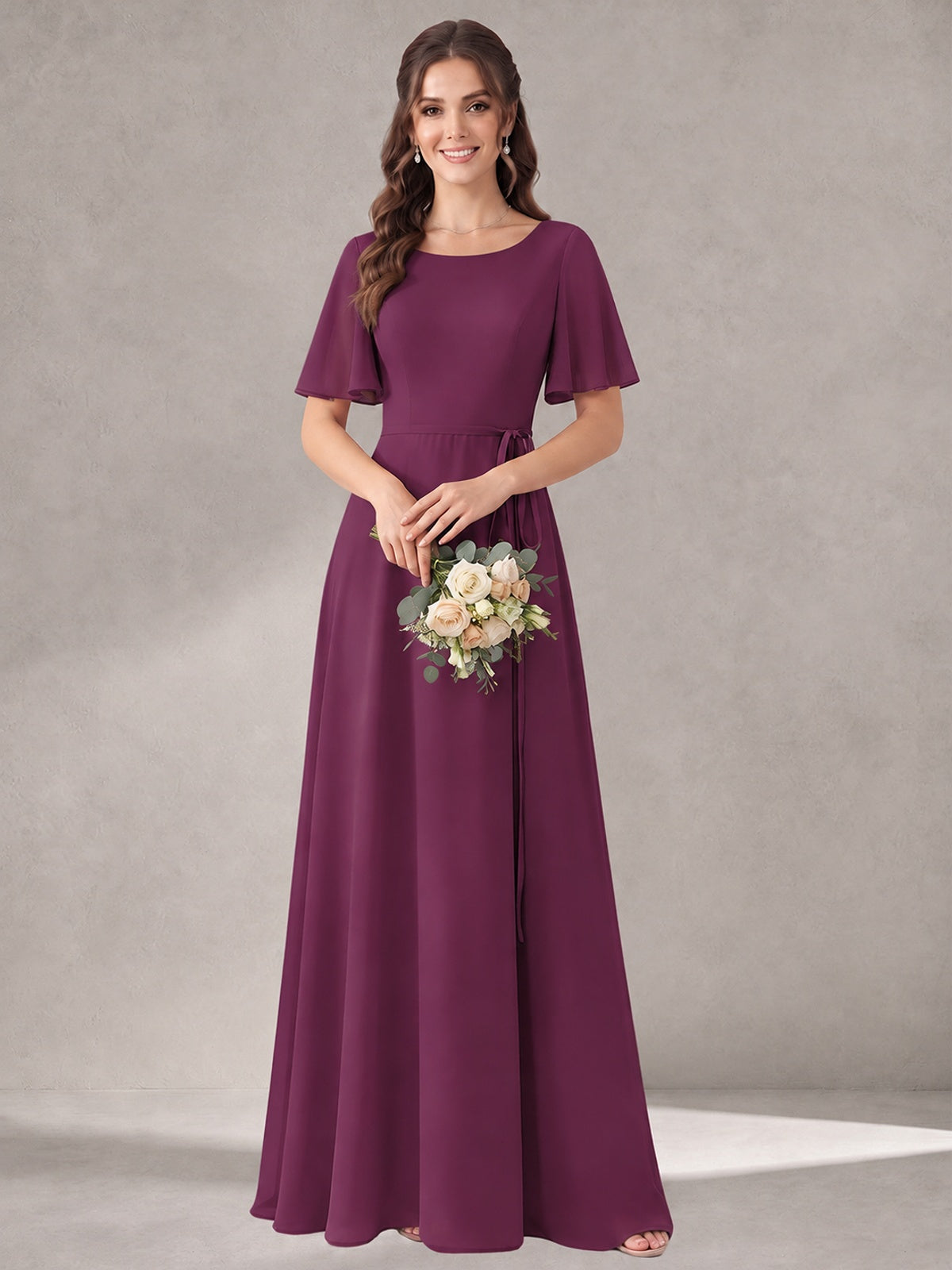 Scoop Neck A-line Chiffon Bridesmaid Dress with Flutter Sleeve & Belt