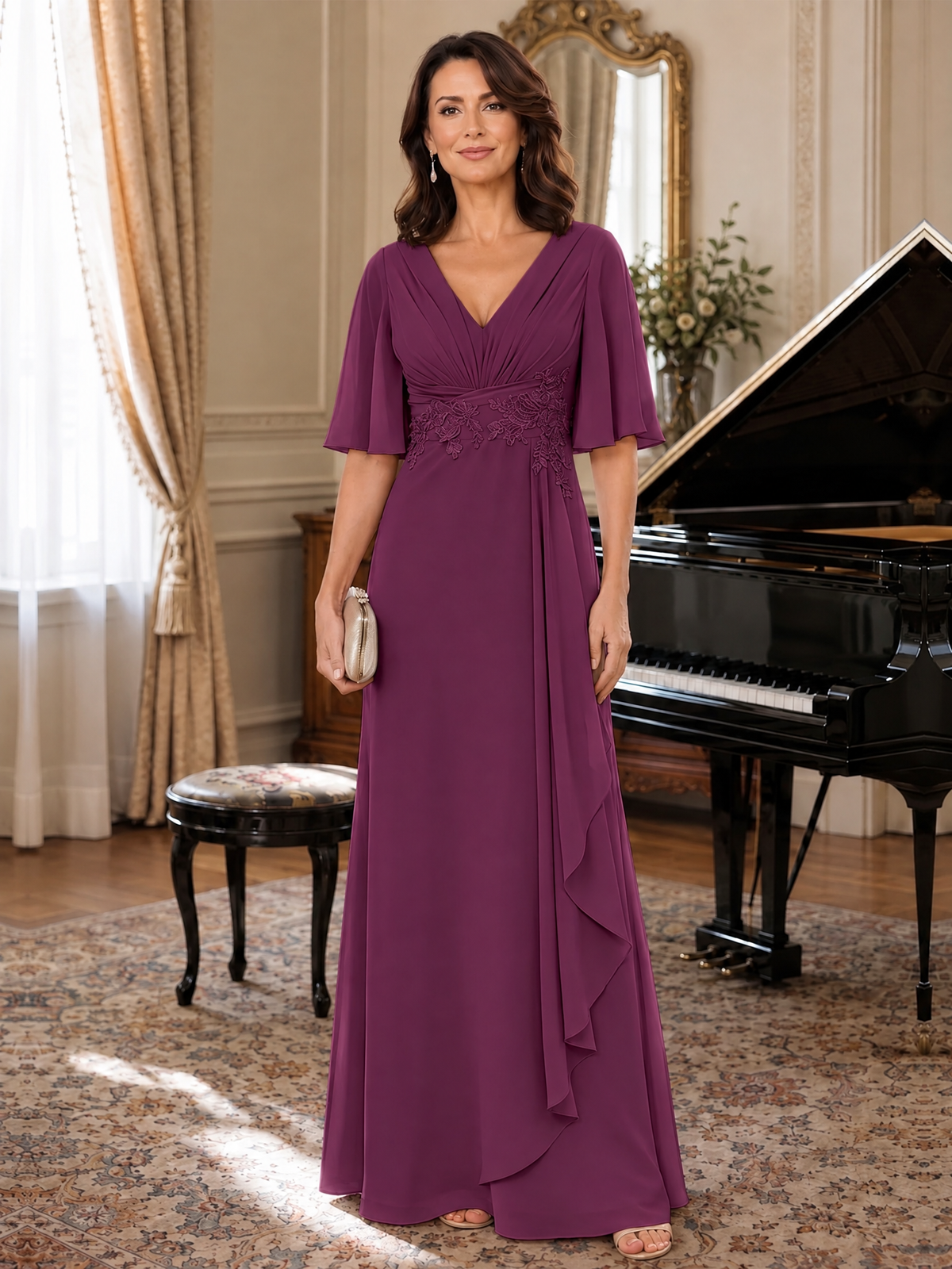 V-Neck Chiffon Lace Mother of the Bride Dresses