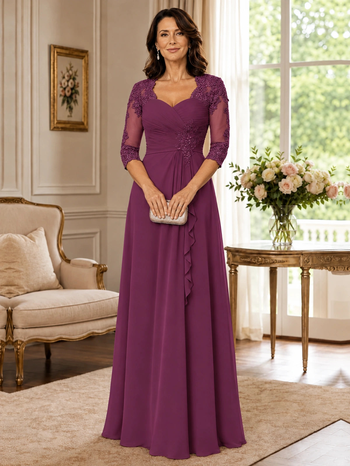 Chiffon Lace Applique Mother of the Bride Dress with 3/4 Sleeves
