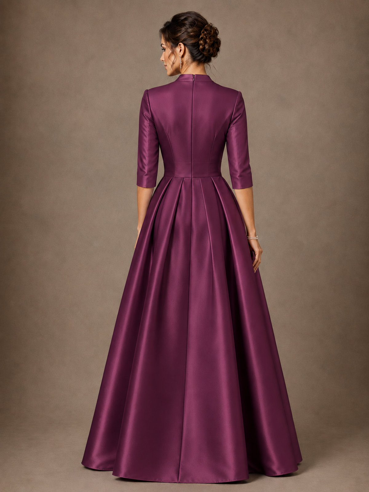 V-Neck Pleated Satin Mother of the Bride Gown with 3/4 Sleeves