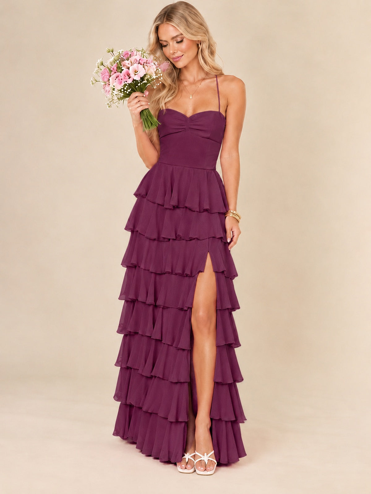 Ruffled Tiered Chiffon Prom Dress Spaghetti Straps Formal Maxi Dress with Slit