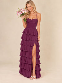 Ruffled Tiered Chiffon Prom Dress Spaghetti Straps Formal Maxi Dress with Slit