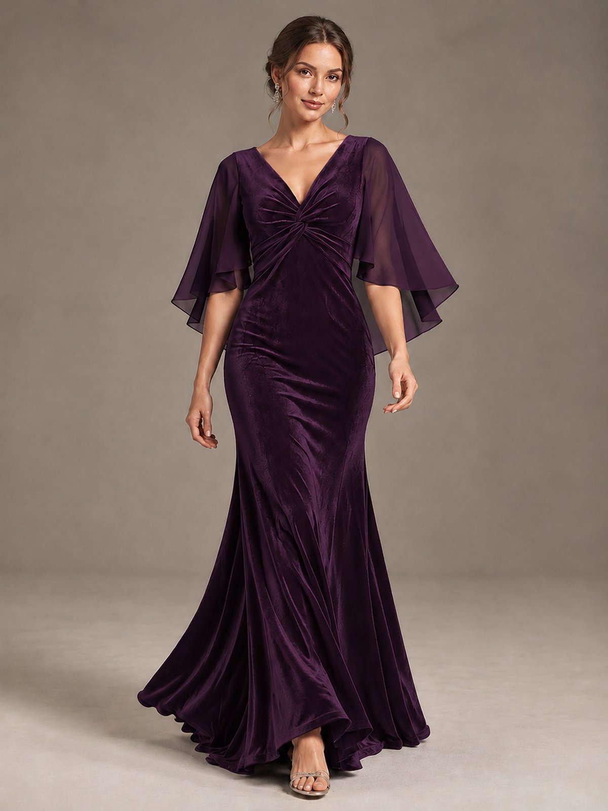 Navy Blue Velvet V Neck Mermaid Formal Dress with Flutter Cape Sleeves