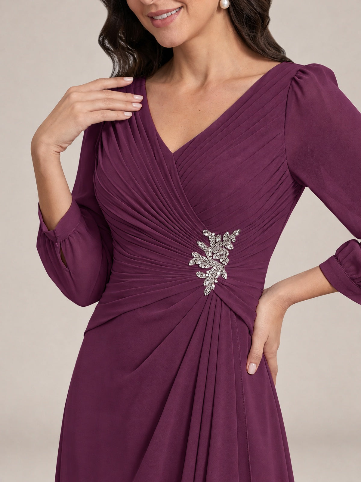 V-Neck Pleated Chiffon Mother of the Bride Dress with Flutter Sleeves