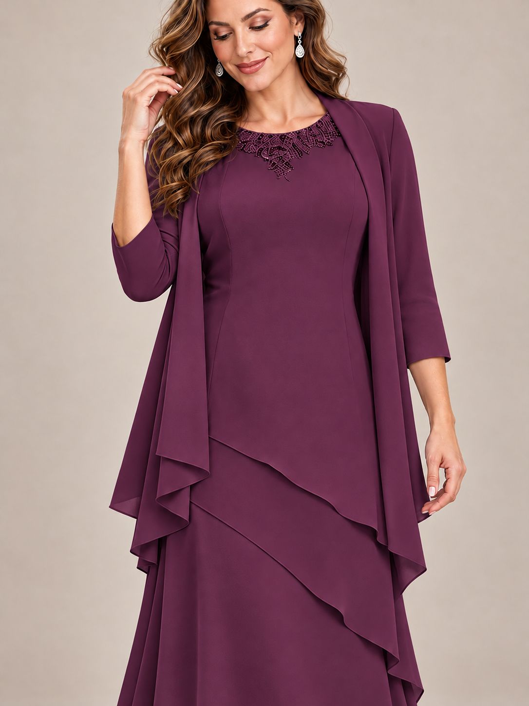 Dusty Blue Two-Piece Chiffon Mother of the Bride Dress with Jacket