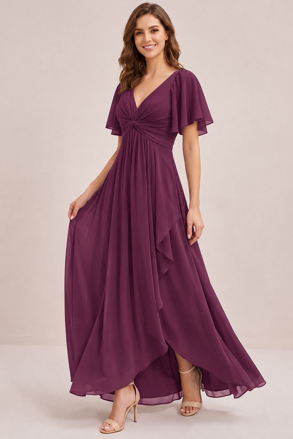 Dusty Blue Chiffon Bridesmaid Dress with Flutter Sleeves & High-Low Hem