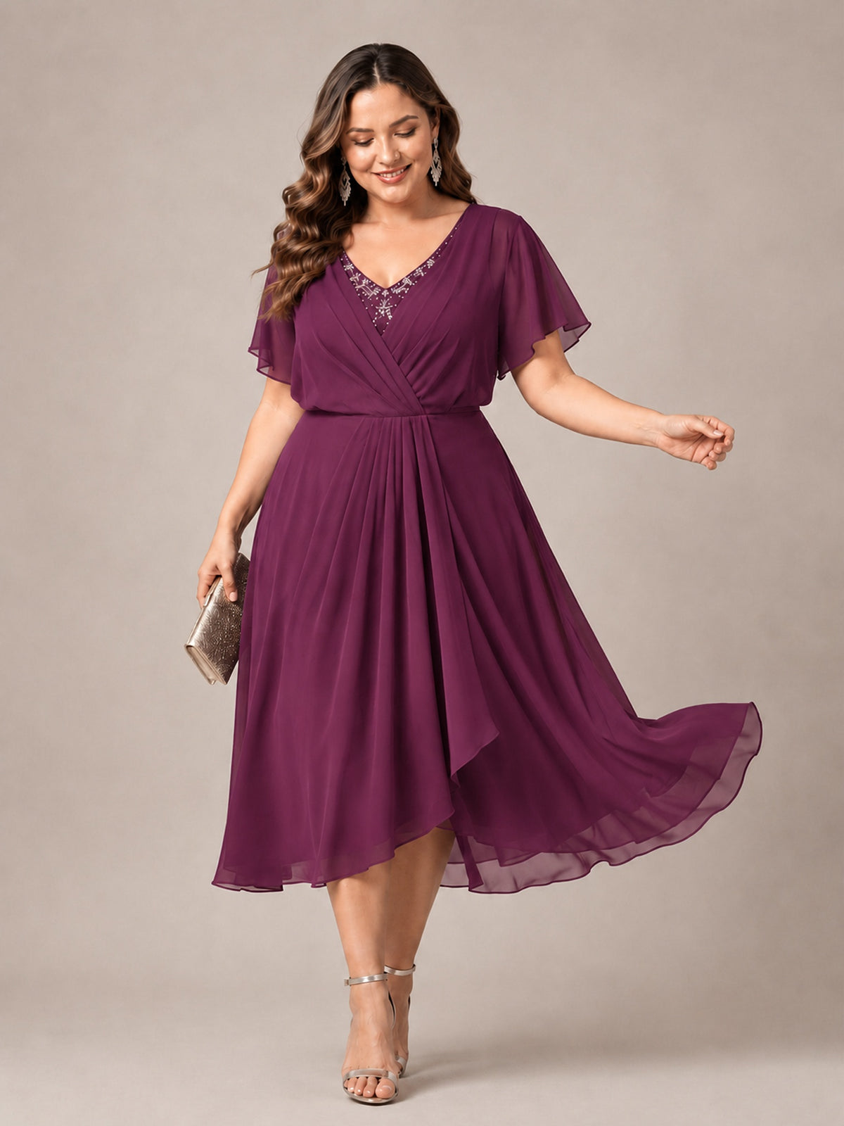 Navy Blue A-Line V-Neck Tea-Length Mother of the Bride Dress