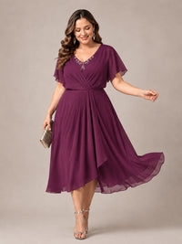 Navy Blue A-Line V-Neck Tea-Length Mother of the Bride Dress