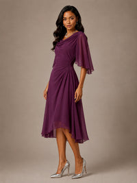 Cowl Neck Ruched Chiffon Mother of the Bride Dresses with Flutter Sleeves