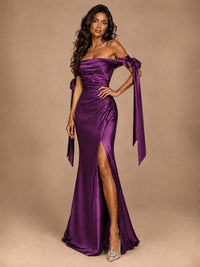 Off The Shuolder Satin Prom Dress Slit Mermaid Formal Gowns